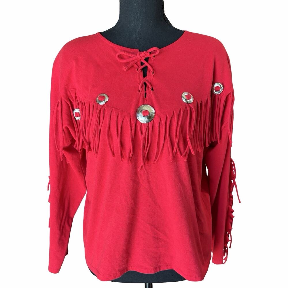 Vintage Sassa USA Red Western Fringe Top Silver Concho Cowgirl L Shoulder Pads